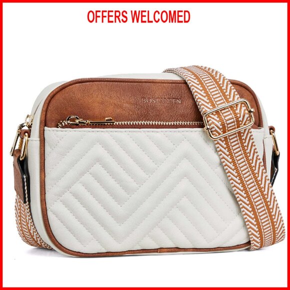 Small Quilted Vegan Leather Crossbody Bag with Wide Strap, Multi-Pocket - Picture 1 of 8